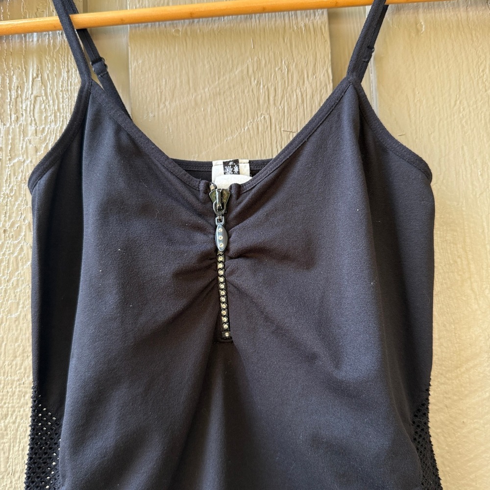 Vintage Y2K Cami Tank Top Womens Mesh Cut Out Rhinestone One Size Black - Picture 2 of 7